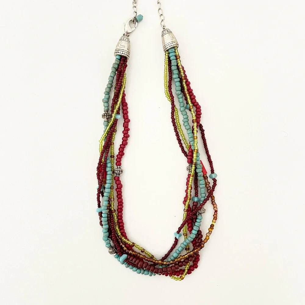 Women's Multistrand Beaded Necklace in Turquoise Browns Boho Summer Colorful